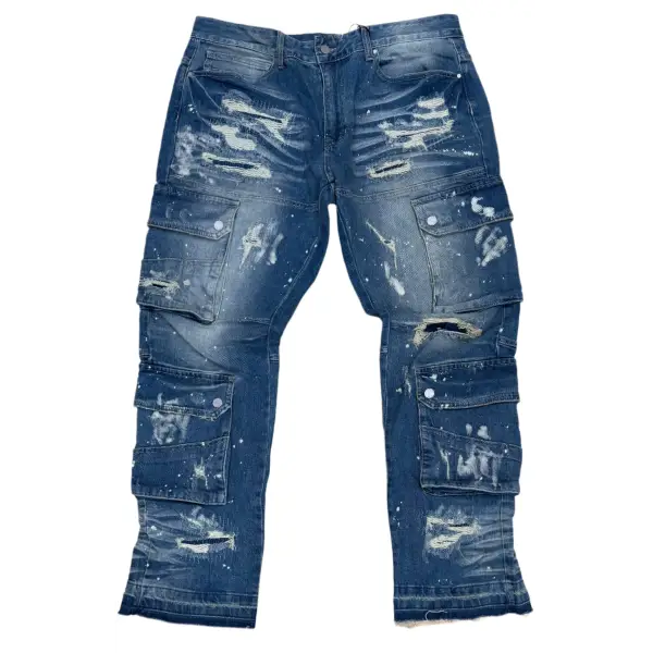 First row destroyed cargo flare loose denim - DENIM