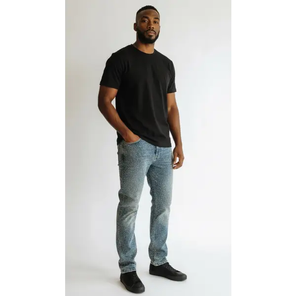 Focus allover distress rhinestone stacked denim - DENIM