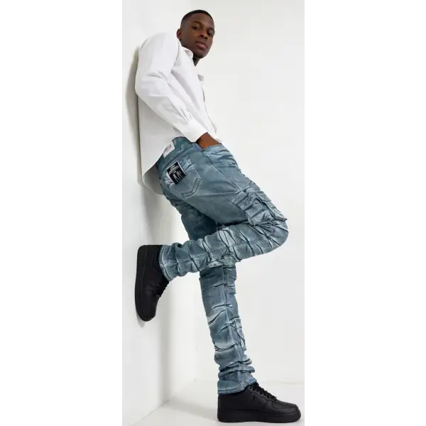 Focus cargo distressed coated stacked denim - DENIM