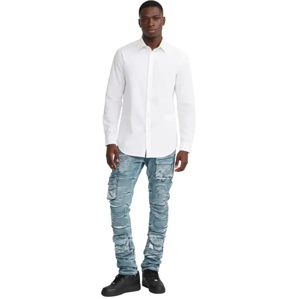 Focus cargo distressed coated stacked denim - 32W/34L / TEAL - DENIM