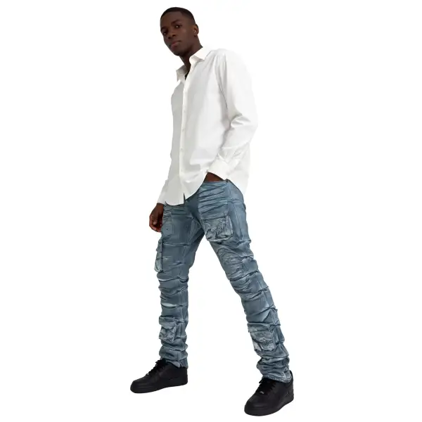 Focus cargo distressed coated stacked denim - DENIM