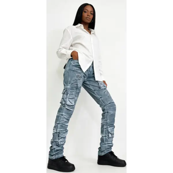 Focus cargo distressed coated stacked denim - DENIM