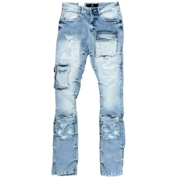 Focus cargo multi pocket stacked pants - DENIM