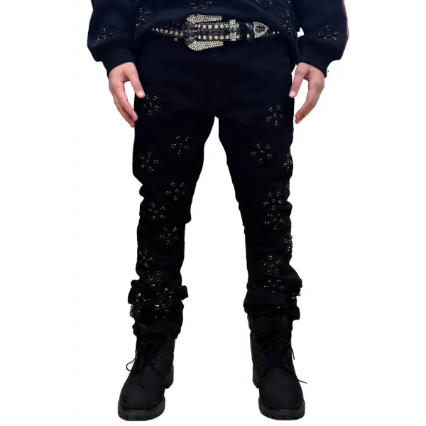 Focus embd rhinestone stacked denim - 29W/32L / BLACK - DENIM