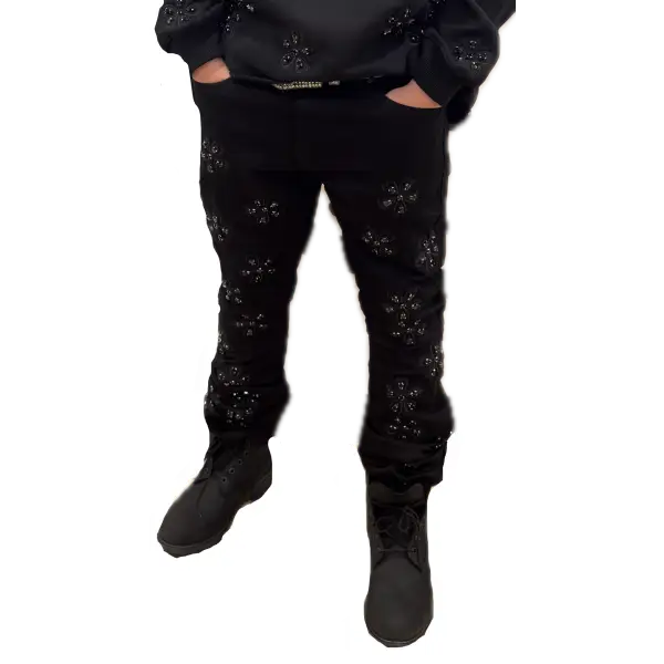 Focus embd rhinestone stacked denim - DENIM