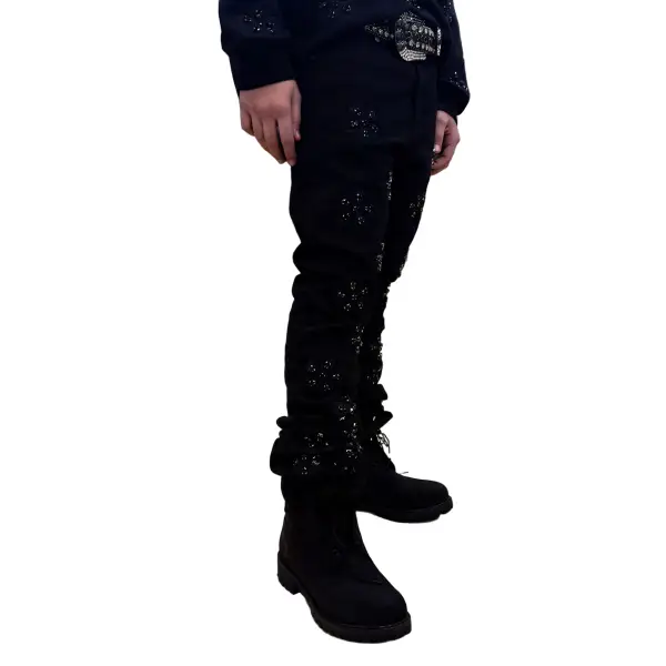 Focus embd rhinestone stacked denim - DENIM