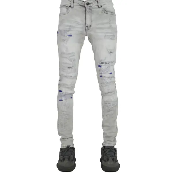 Focus multi color stitched repaired denim - 32W/32L / LT.GREY - DENIM