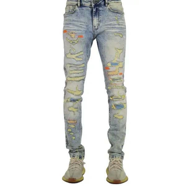 Focus multi color stitched repaired denim - 34W/32L / SAND-BLAST - DENIM