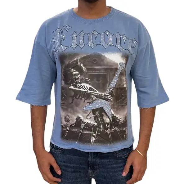 Focus rockstar rhinestone t-shirt - SMALL / LT.BLU - T-SHIRT