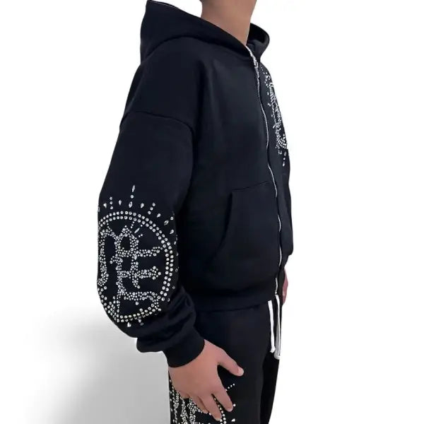 Mixed Emotion black rhinestone eclipse hoodie - HOODIE