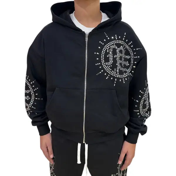 Mixed Emotion black rhinestone eclipse hoodie - SMALL / BLACK - HOODIE