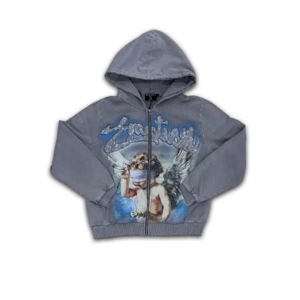 Mixed emotion blindfolded cherub zip up hoodie - HOODIE