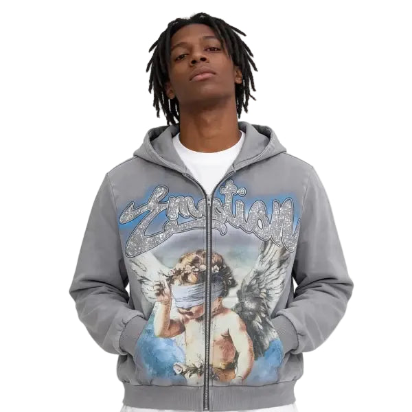 Mixed emotion blindfolded cherub zip up hoodie - SMALL / DK.GRAY - HOODIE