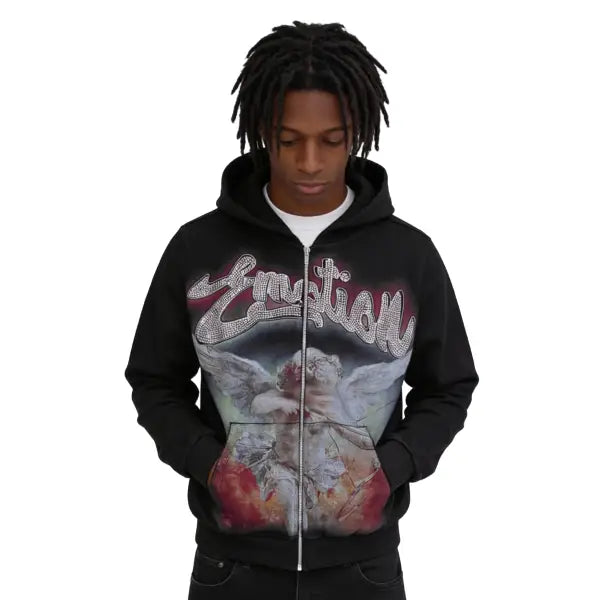 Mixed emotion cupids arrow rhinestone zip up hoodie - SMALL / BLACK - HOODIE