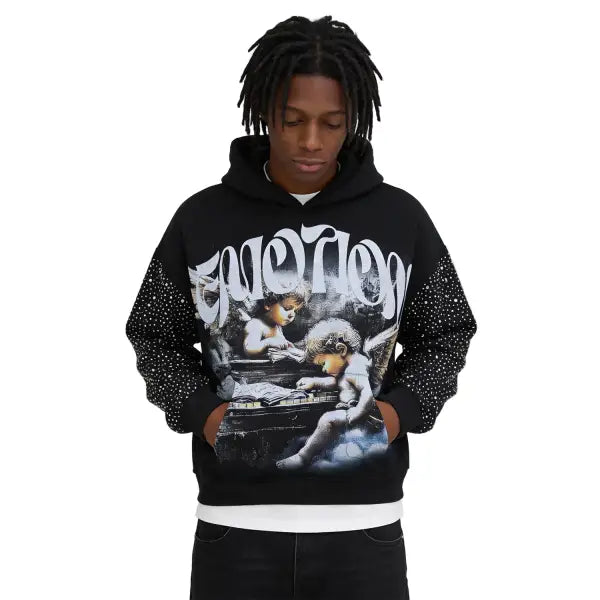 Mixed emotion fallen angels rhinestone hoodie - SMALL / BLACK - HOODIE