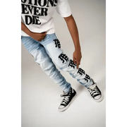 Mixed emotion monogram light blue wash denim - DENIM