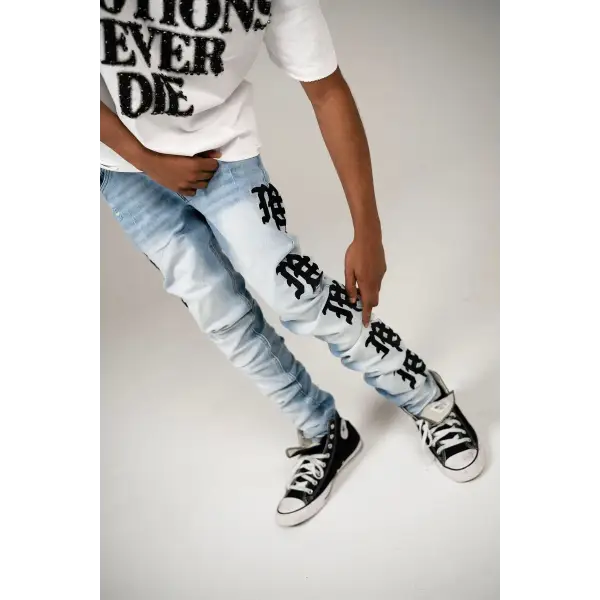 Mixed emotion monogram light blue wash denim - DENIM