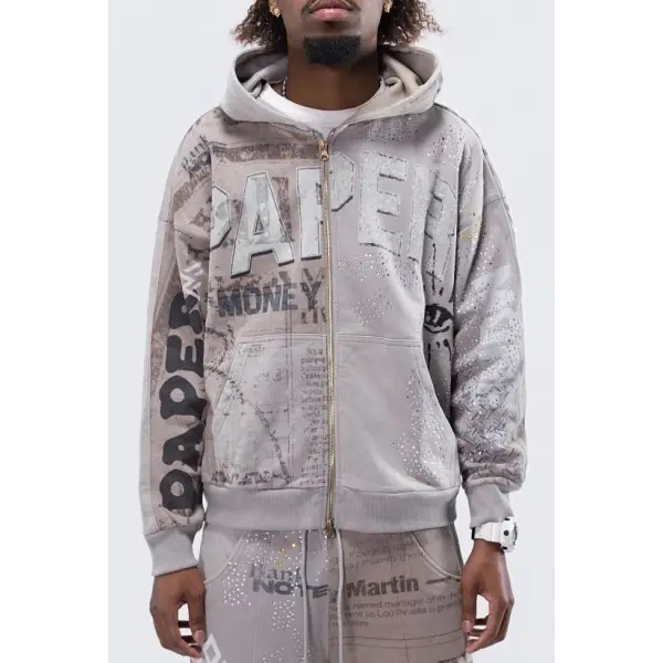 Paper Money news paper zip up hoodie - SMALL / DK.GRAY - HOODIE