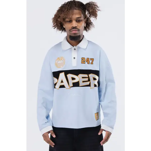 Paper Money rugby longsleeve polo shirt - SMALL / LT.BLU - SHIRT L/S