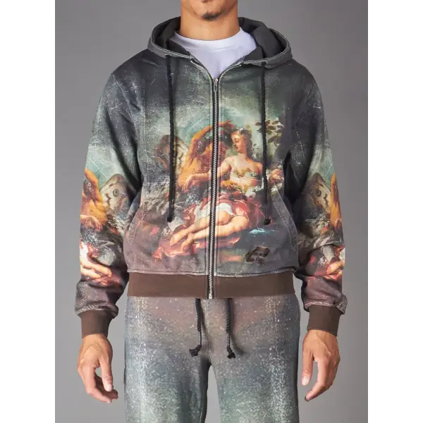 Politics worin vintage painting print jacket - SMALL / BEIGE - HOODIE