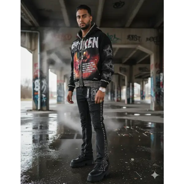 Preme broken studded zip up hoodie - HOODIE