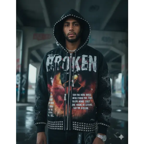 Preme broken studded zip up hoodie - HOODIE