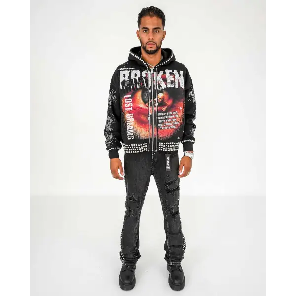 Preme broken studded zip up hoodie - HOODIE