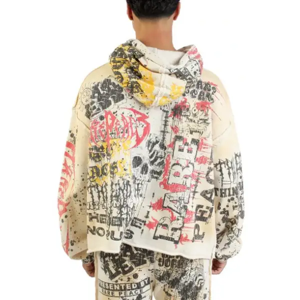 Rare peace digital print rhinestone crop hoodie - HOODIE