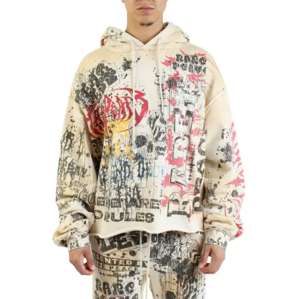 Rare peace digital print rhinestone crop hoodie - SMALL / CREAM - HOODIE