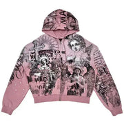 Rare piece rhinestone print zip up hoodie - SMALL / PINK - HOODIE