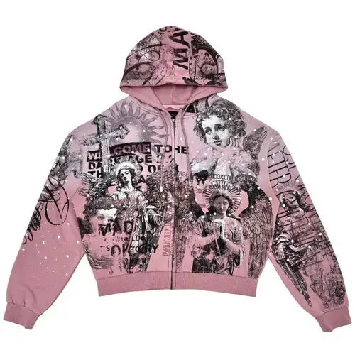 Rare piece rhinestone print zip up hoodie - SMALL / PINK - HOODIE