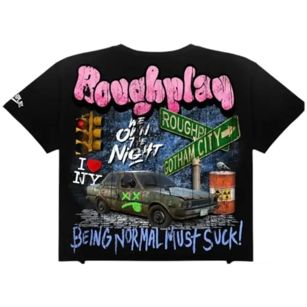 Black t-shirt with colorful graphics and text on a white background