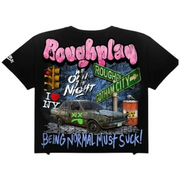 Black t-shirt with colorful graphics and text on a white background