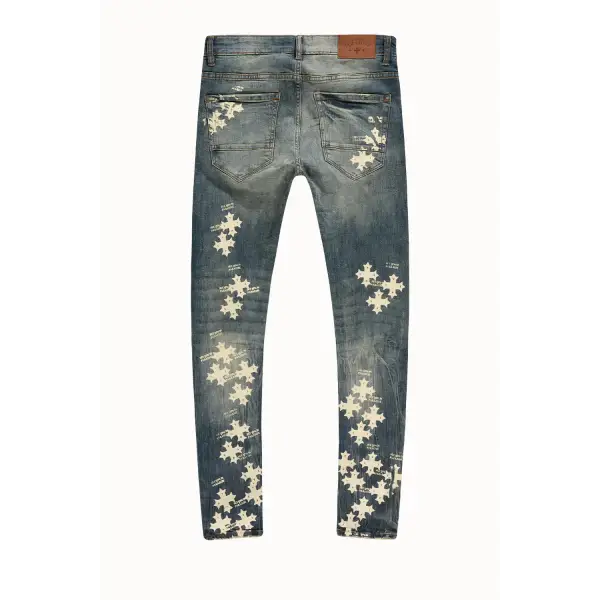 See you in paradise all over print stacked denim - DENIM