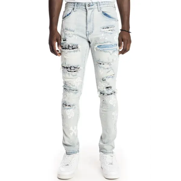 Smoke Rise Ripped And Repair Embroidered Denim - ECtrendsetters