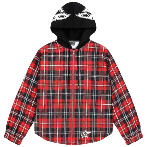 Sp5der red hooded zip up flannel hoodie - LARGE / RED - HOODIE