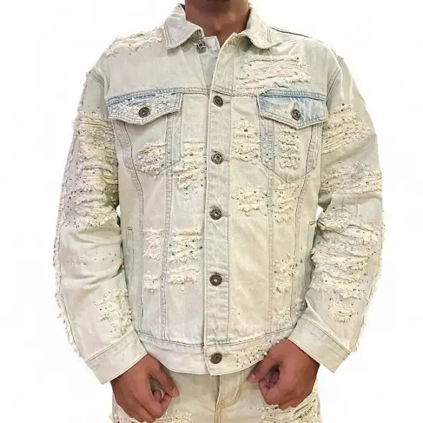 Vicious premium pearl rhinestone denim jacket - SMALL / LT.BLU - JACKET