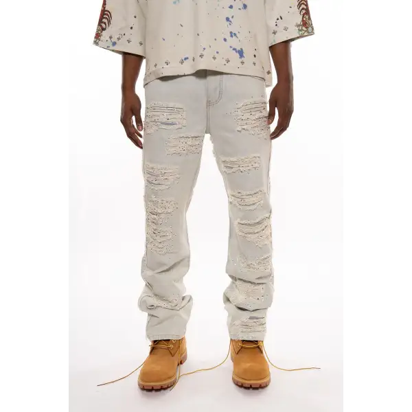 Vicious premium relaxed flared pearl/rhinestone denim - DENIM