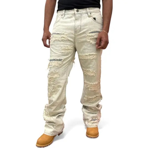 Vicious premium relaxed flared pearl/rhinestone denim - DENIM