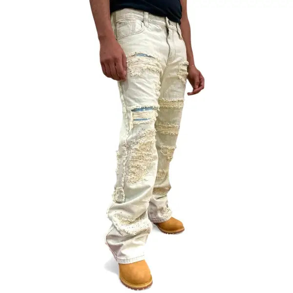 Vicious premium relaxed flared pearl/rhinestone denim - DENIM