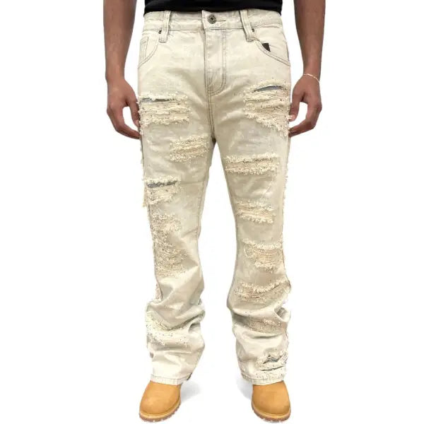 Vicious premium relaxed flared pearl/rhinestone denim - DENIM