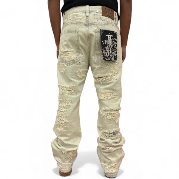 Vicious premium relaxed flared pearl/rhinestone denim - DENIM